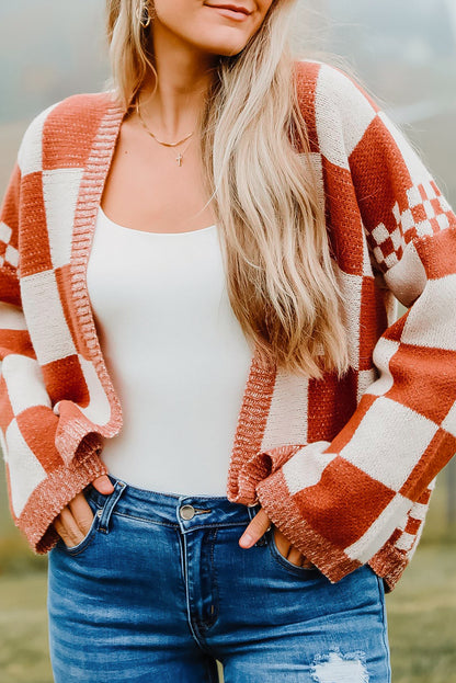 Checkered Open Front Knit Cardigan