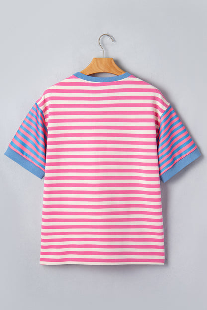 Stripe Contrast Patchwork Short Sleeve Tee
