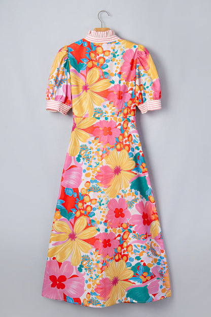 Floral Stripe Trim Puff Sleeve Buttoned Maxi Dress