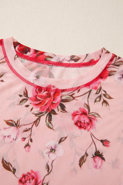 Floral Reverse Seam Mesh Long Sleeve Top