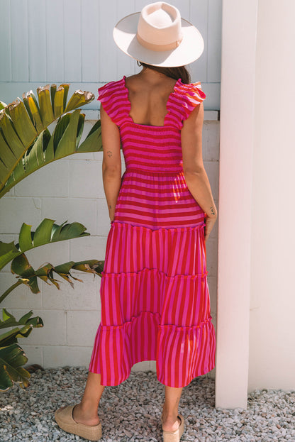 Stripe Smocked Bodice Flutter Sleeve Tiered Maxi Dress