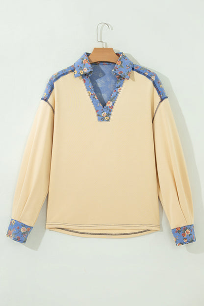 Floral Denim Patchwork Collared V-Neck Long Sleeve Top