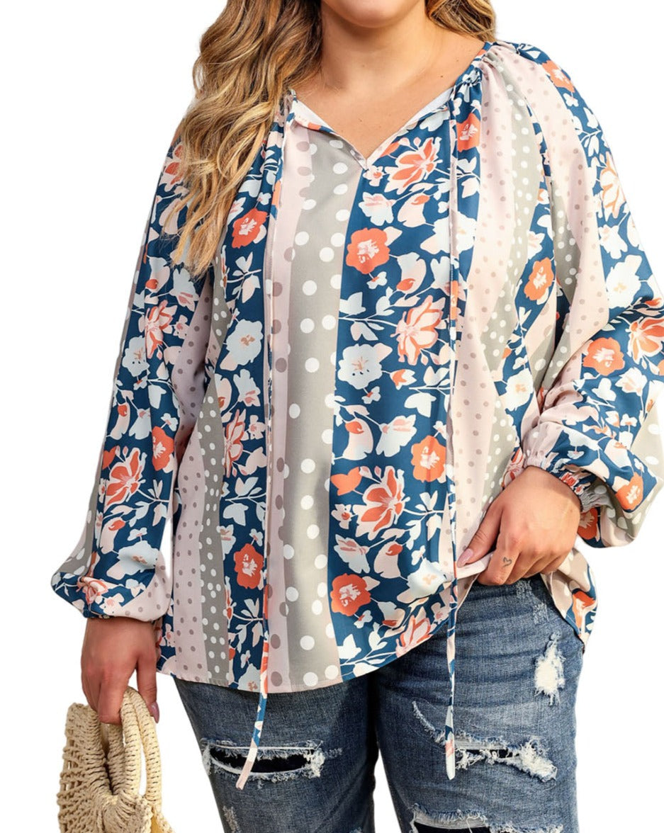 Floral Dotted Split Neck Blouse Plus Size