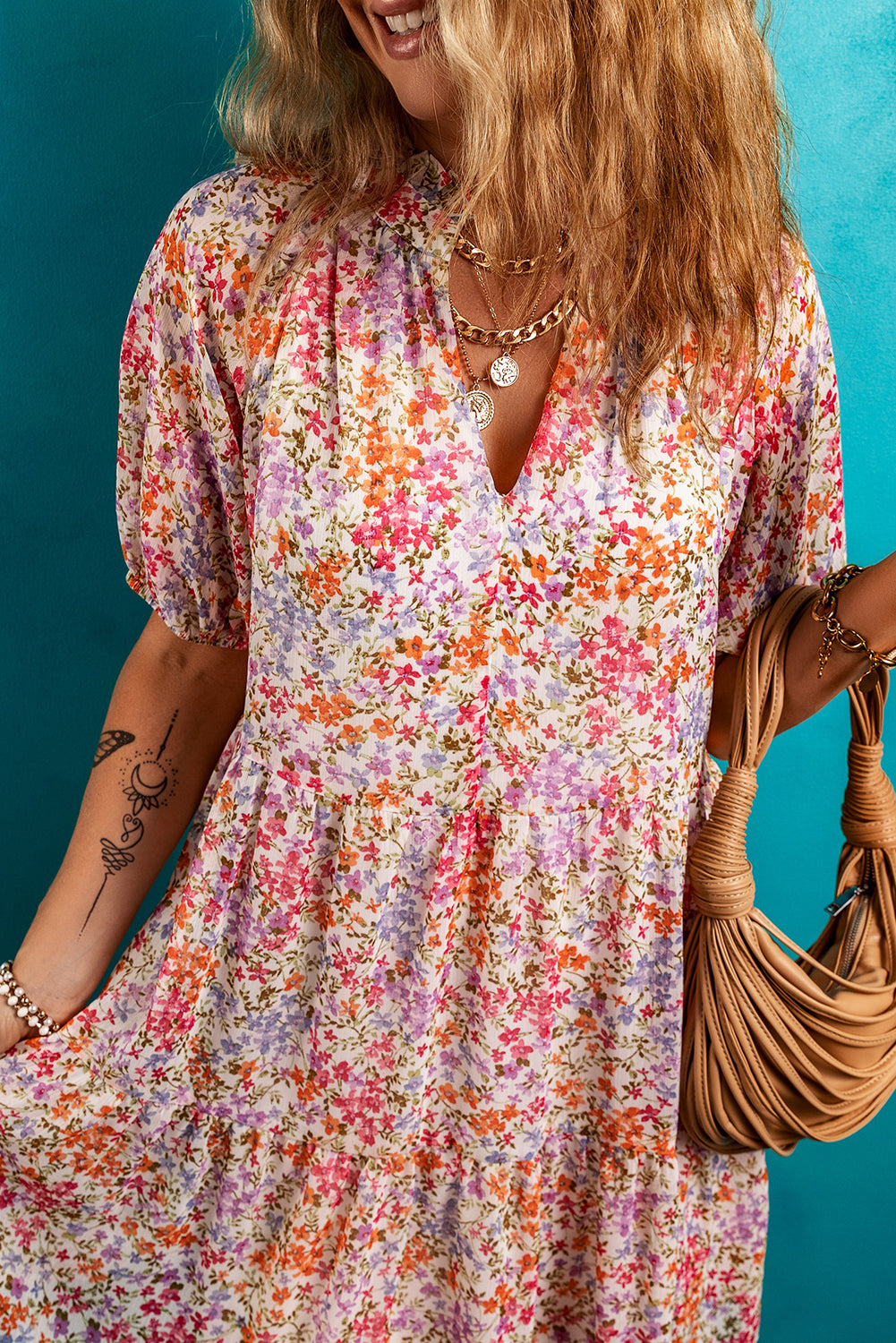 Floral Puff Sleeve V-Neck Tiered Mini Dress