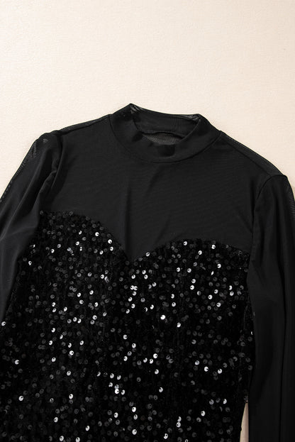Velvet Sequin Sheer Mesh Long Sleeve Blouse