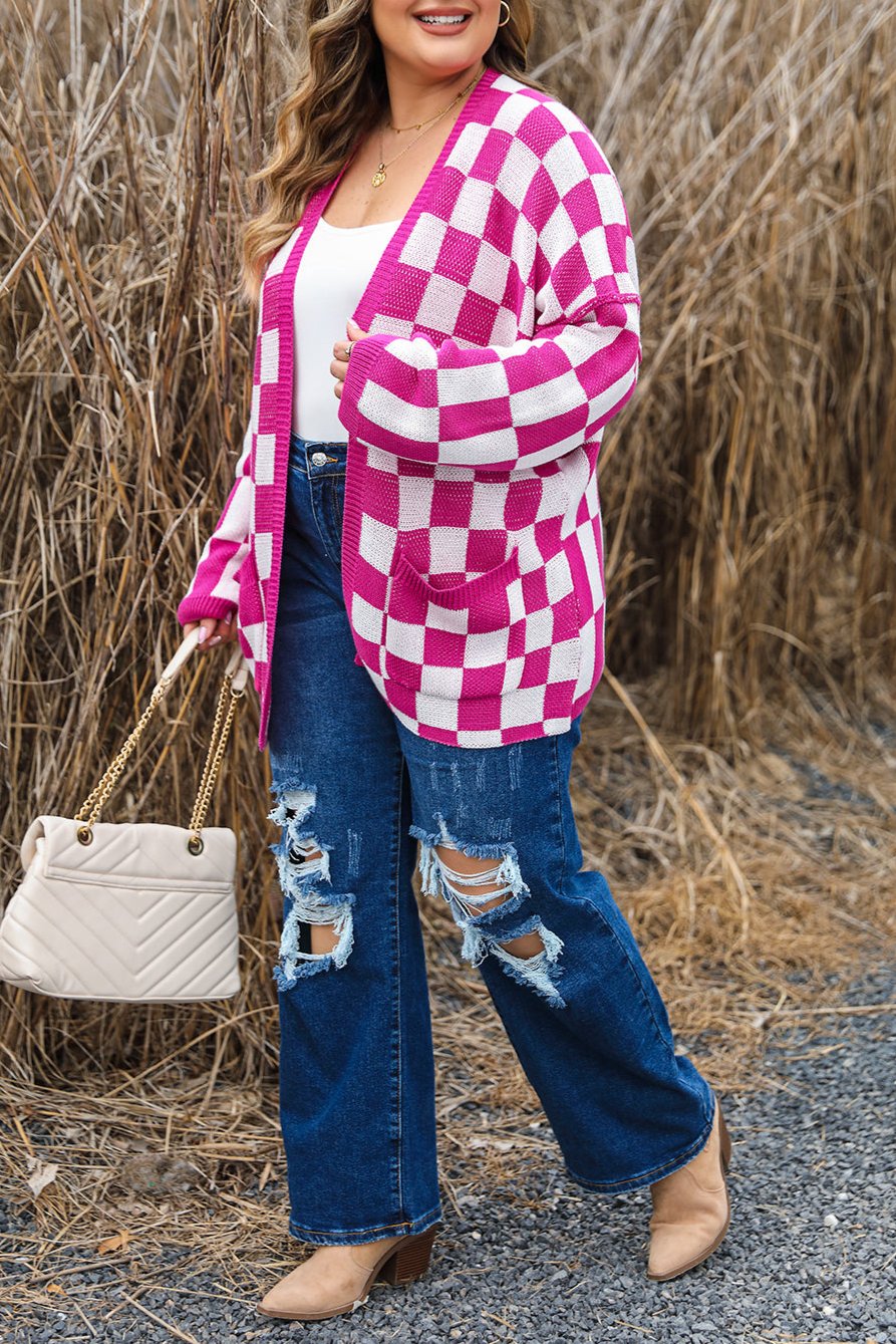 Plus Size Checker Open Front Cardigan