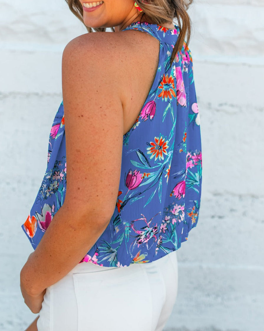 Floral Buttoned Neckline Tank Top