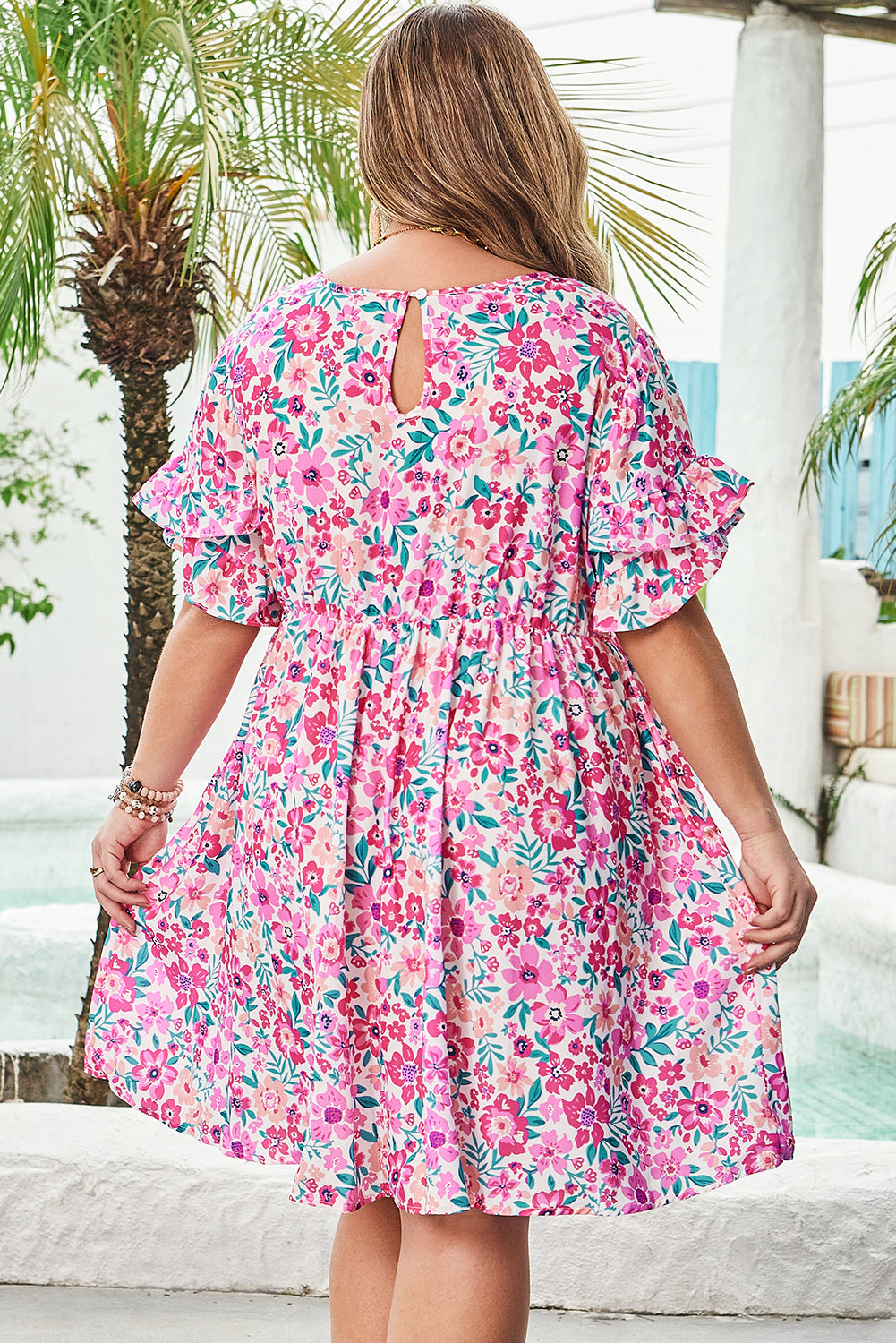 Plus Size Floral Frilled Short Sleeve Mini Dress