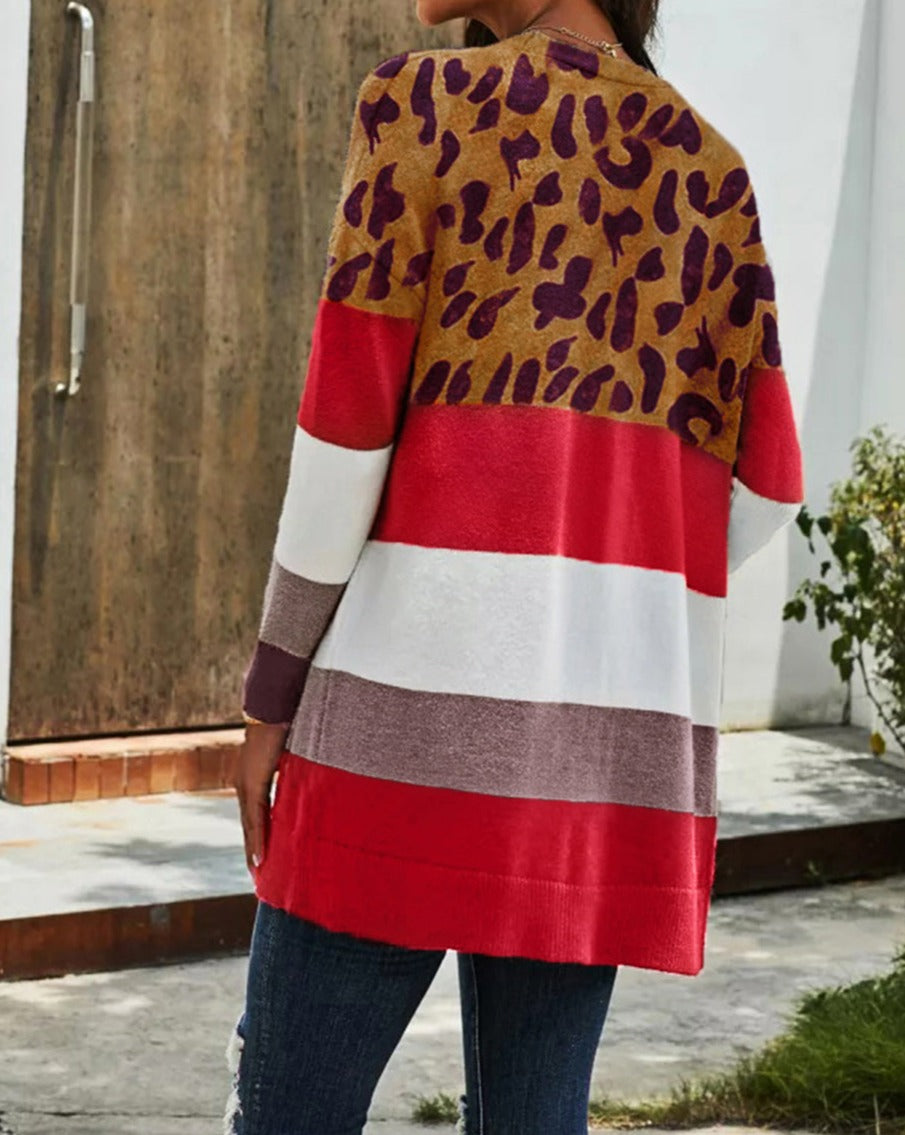 Leopard Colorblock Pocketed Long Cardigan