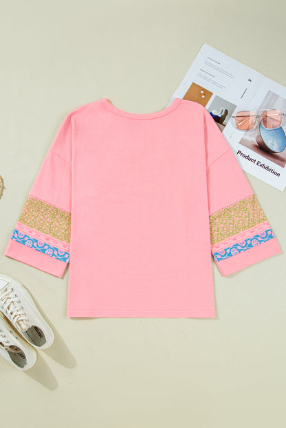 Floral Colorblock Patchwork 3/4 Sleeve Top