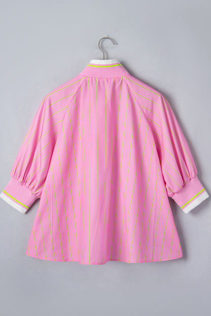 Stripe Half Zip Collared 3/4 Sleeve Blouse