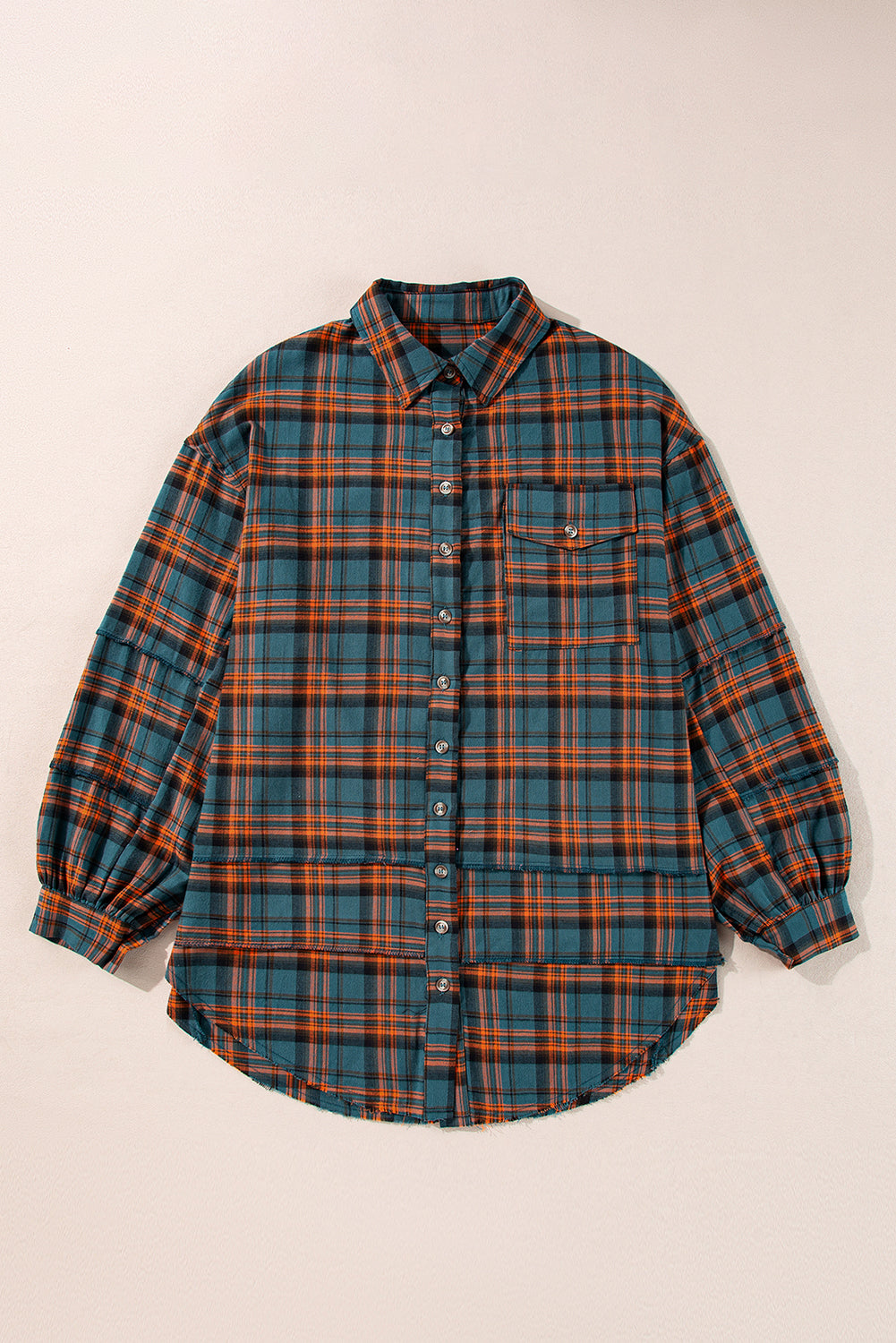 Plaid Button-Up Distressed Hem Long Sleeve Shirt