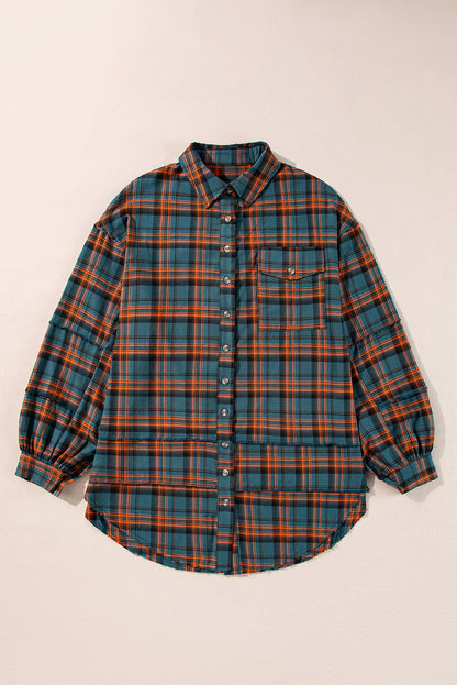 Plaid Button-Up Distressed Hem Long Sleeve Shirt