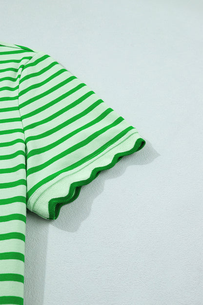 Stripe Scallop Trim Round Neck T-Shirt