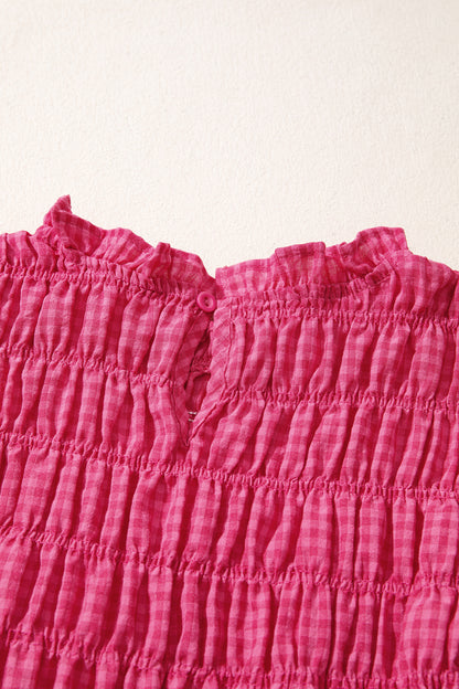 Gingham Plaid Shirred Ruffle Trim Tank Top