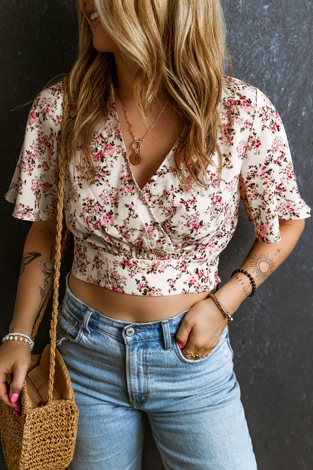 Floral Wrap V-Neck Crop Blouse