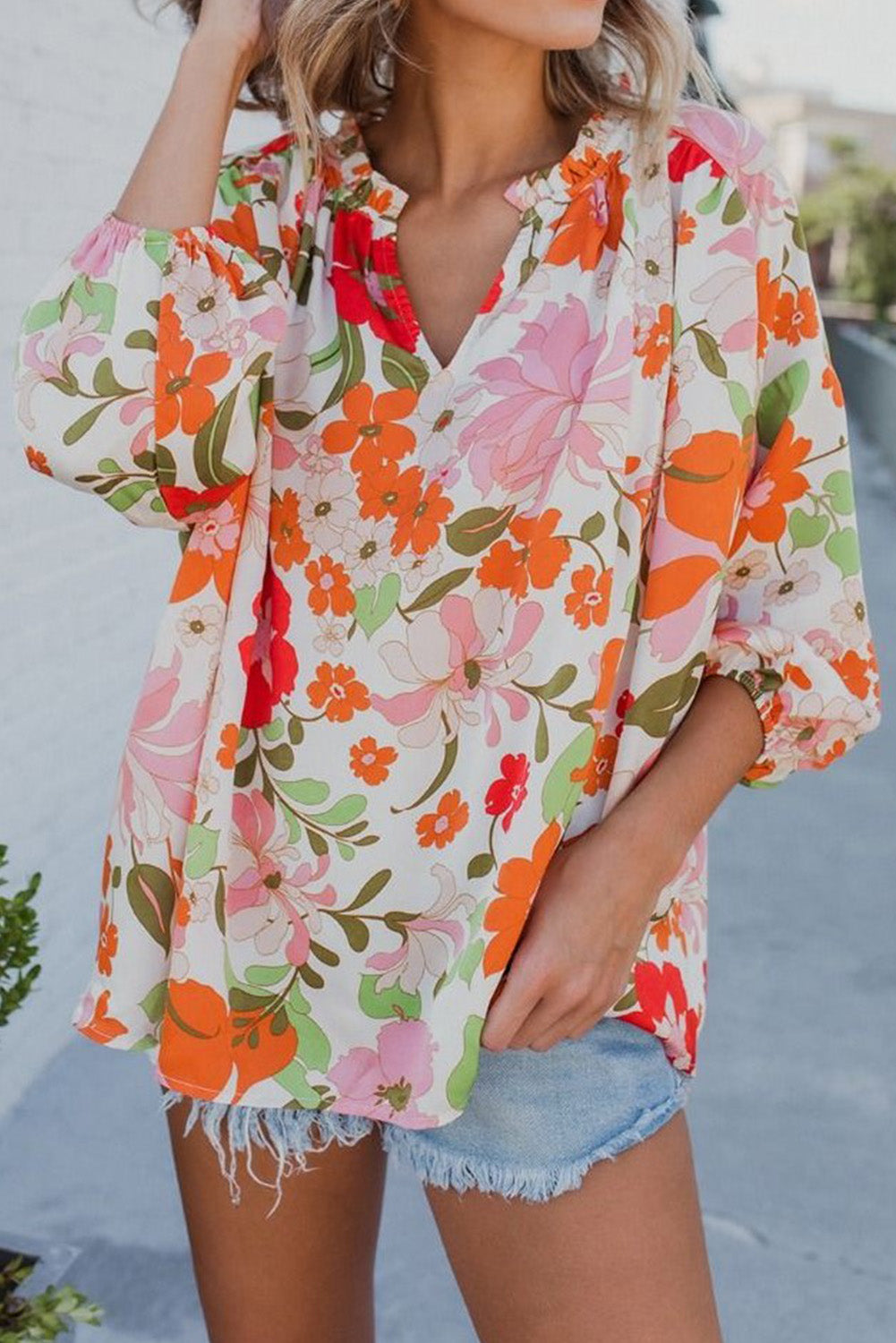 Floral 3/4 Puff Sleeve Blouse