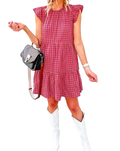 Plaid Flutter Sleeve Mini Dress