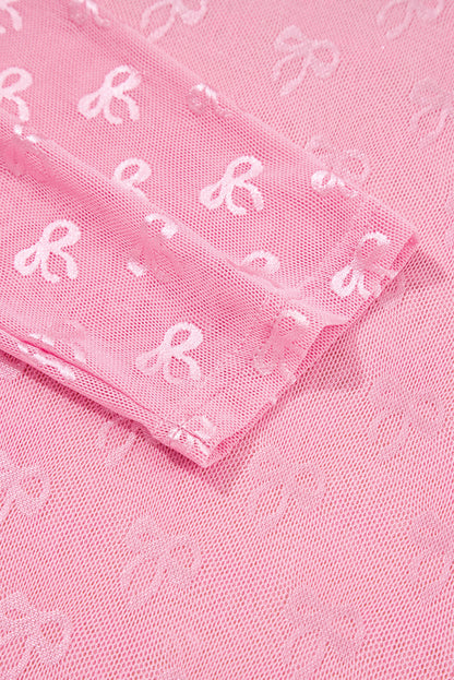 Plus Size Bow Tie Mesh Embroidered Long Sleeve Top