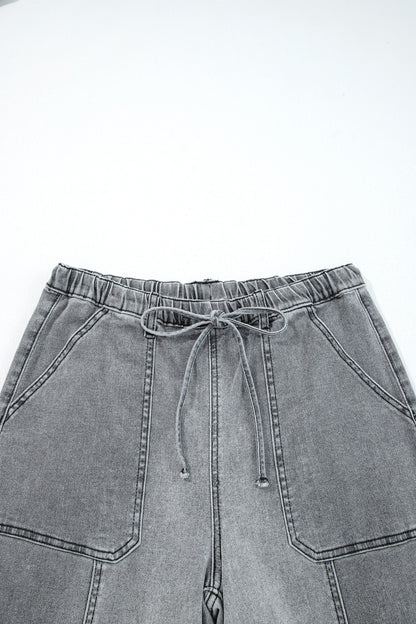 Denim Raw Hem Drawstring Wide Leg Pants