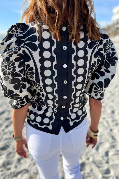 Geometric Floral Puff Sleeve Blouse