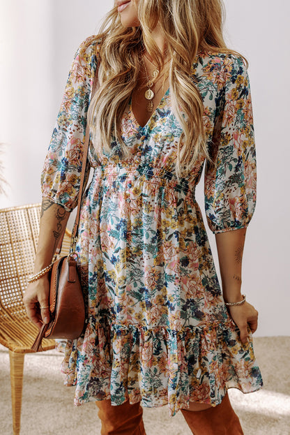 Floral Ruffle 3/4 Sleeve V-Neck Dress