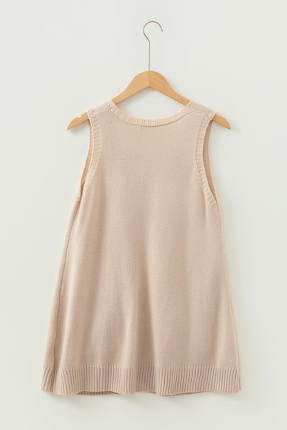 Solid Ribbed Trim Deep V-Neck Sleeveless Tunic Sweater