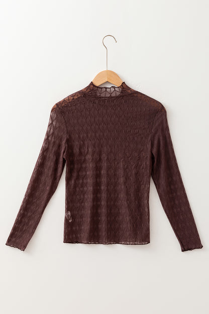 Sheer Mesh Lettuce Trim Long Sleeve Top