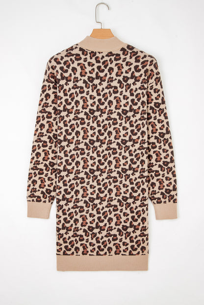 Leopard High Neck Long Sleeve Sweater Dress