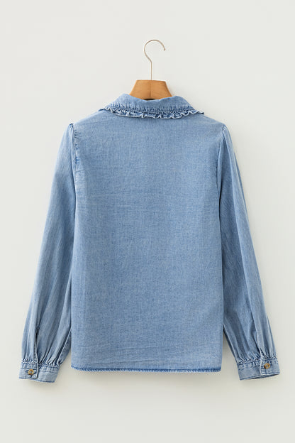 Western Denim Ruffle Peter Pan Collar Shirt