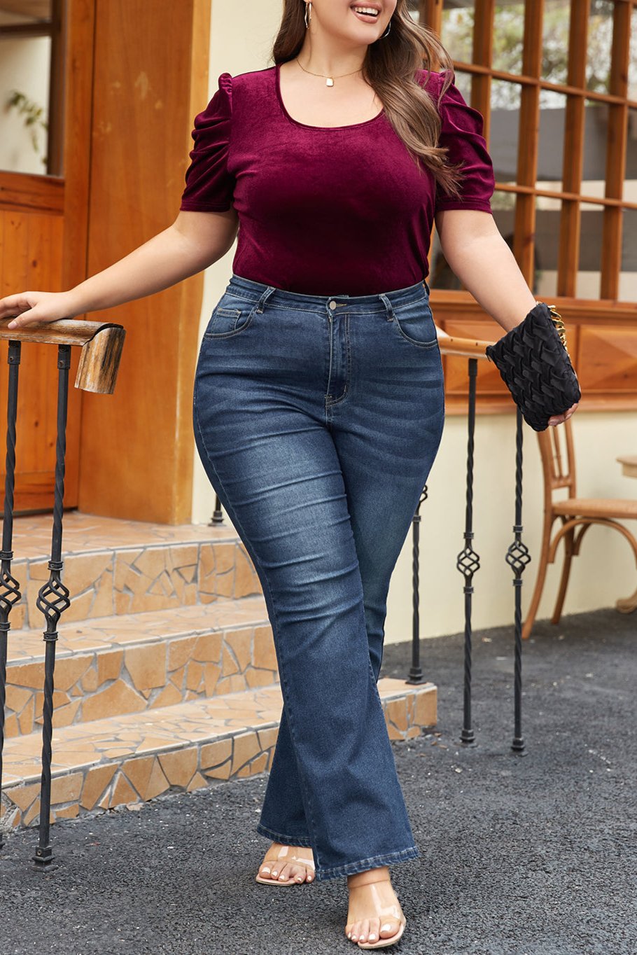 Plus Size Velvet Bubble Sleeve Top