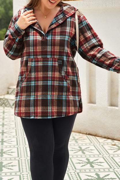 Plus Size Plaid Half Buttoned Hoodie