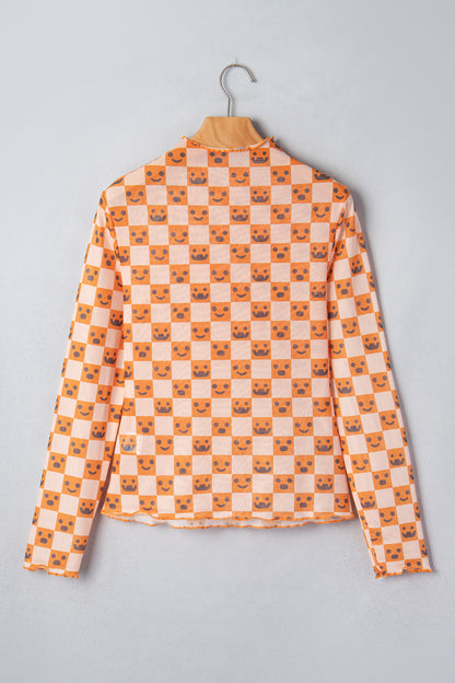 Halloween Checker Mock Neck Long Sleeve Blouse