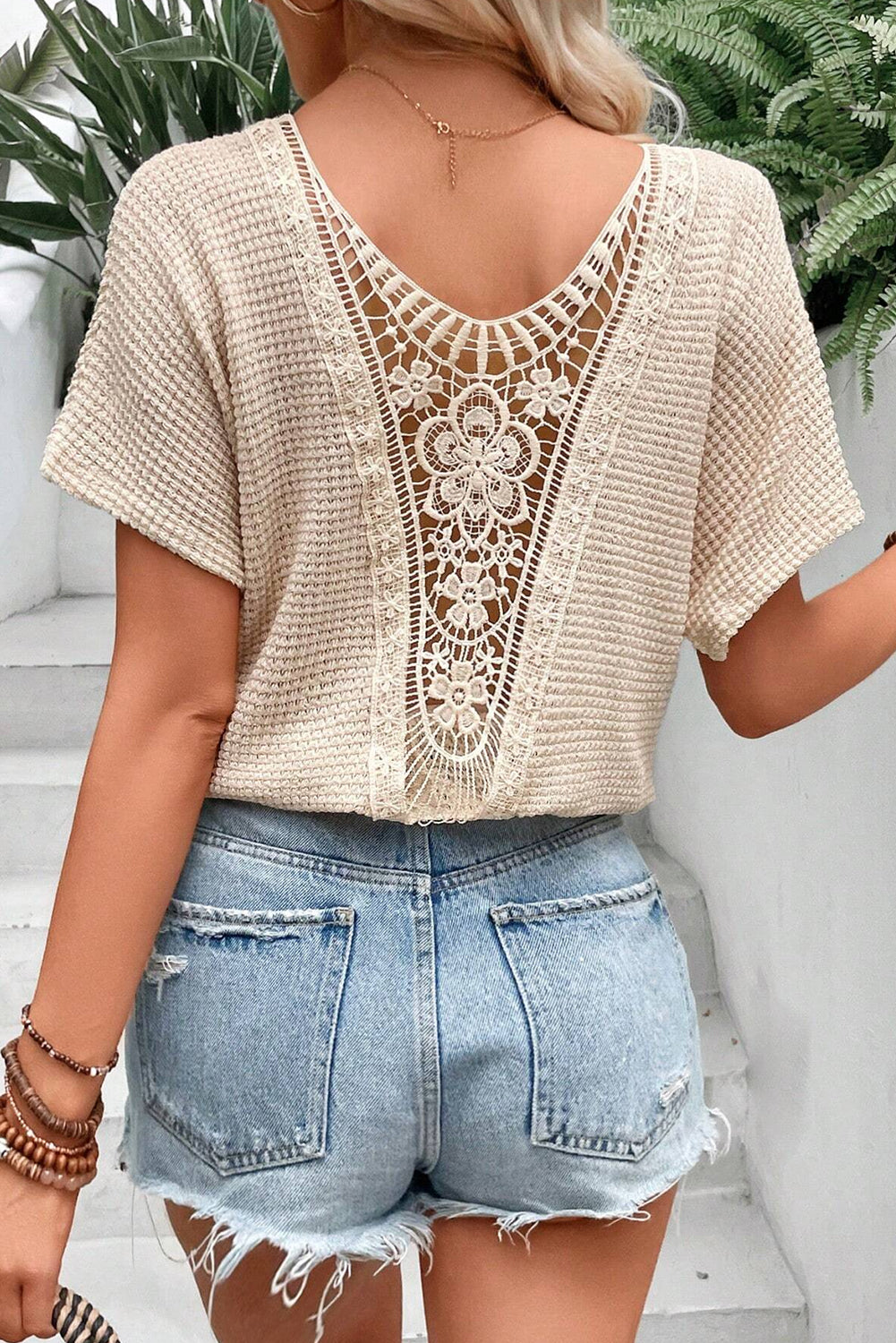 Waffle Guipure Lace Insert T-Shirt