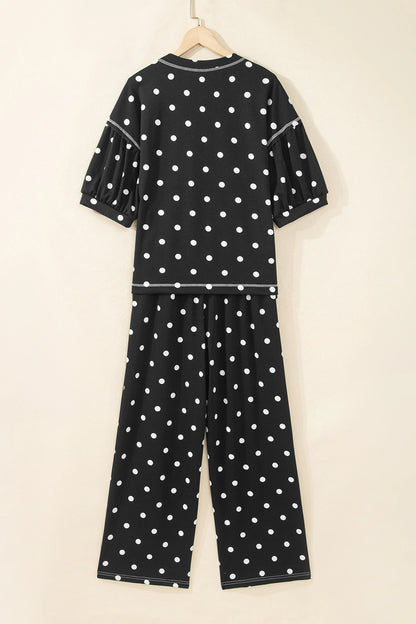 Polka Dot 3/4 Sleeve Top & Elastic Waist Pants Set