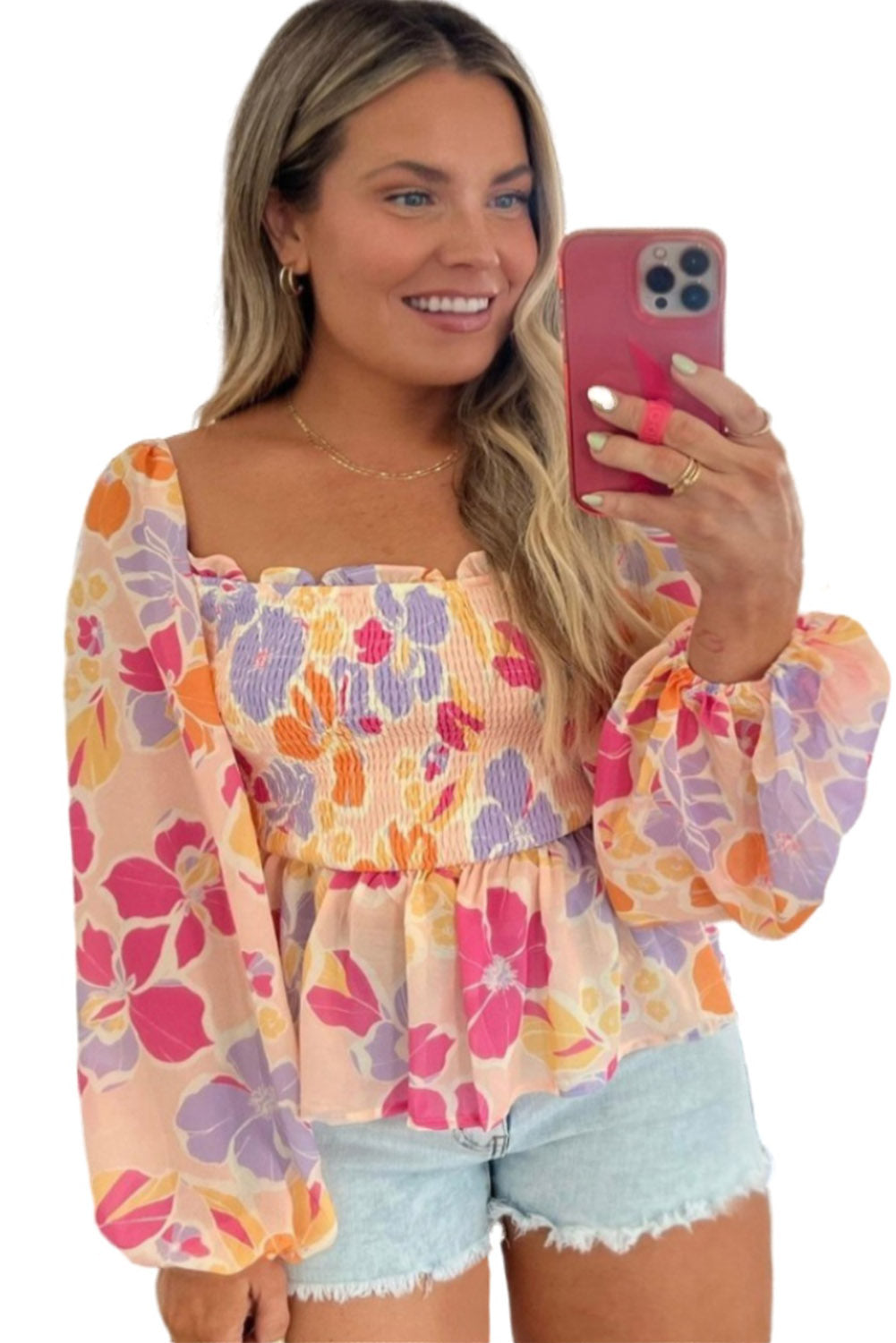 DRAFTED - PLUS SIZE - Pink Plus Size Floral Puff Sleeve Smocked Peplum Top