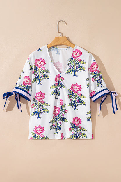 Floral Colorblock Stripe Knot Bubble Sleeve Blouse