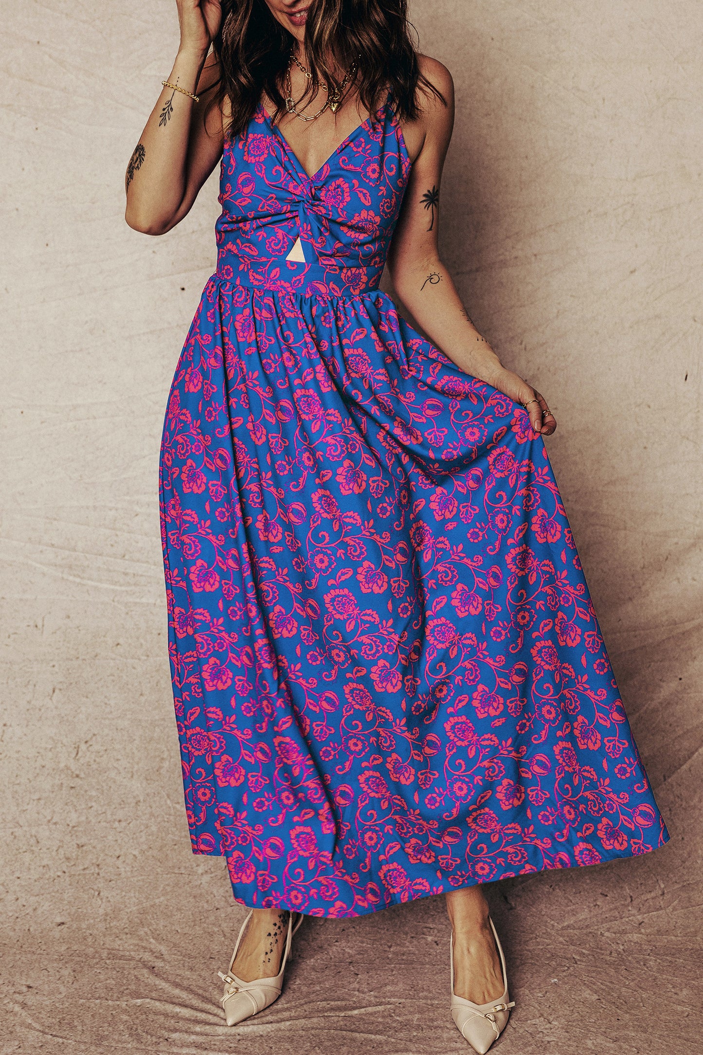 Floral Twisted V-Neck Tied Backless Maxi Dress