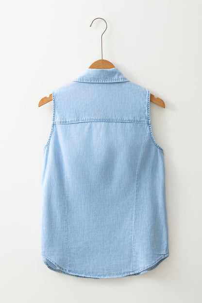 Denim Button Front Sleeveless Shirt