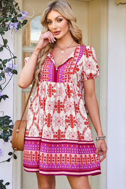 Boho Floral Lace-Up V-Neck Mini Dress