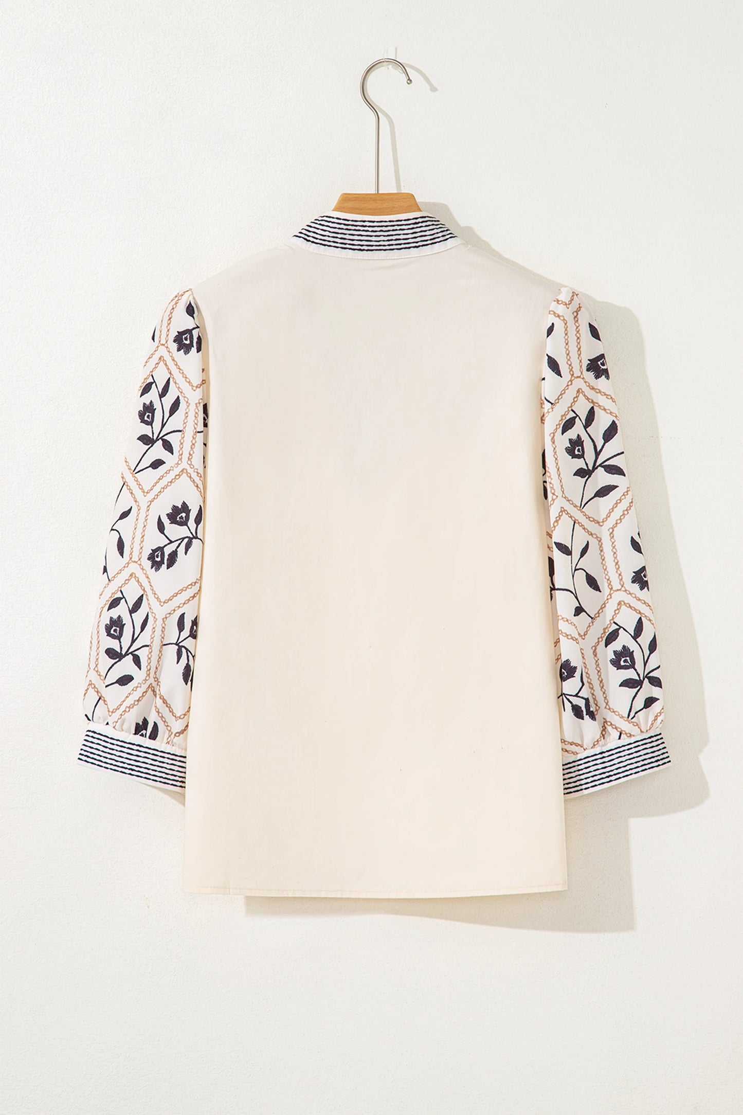 Floral Patchwork Contrast V-Neck Puff Sleeve Blouse