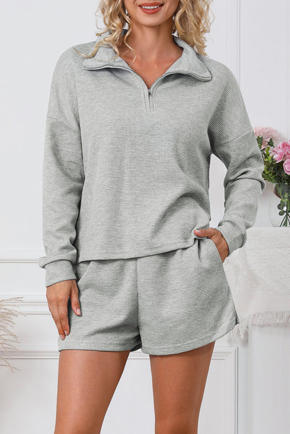 Waffle Zipped Sweatshirt and Shorts Set