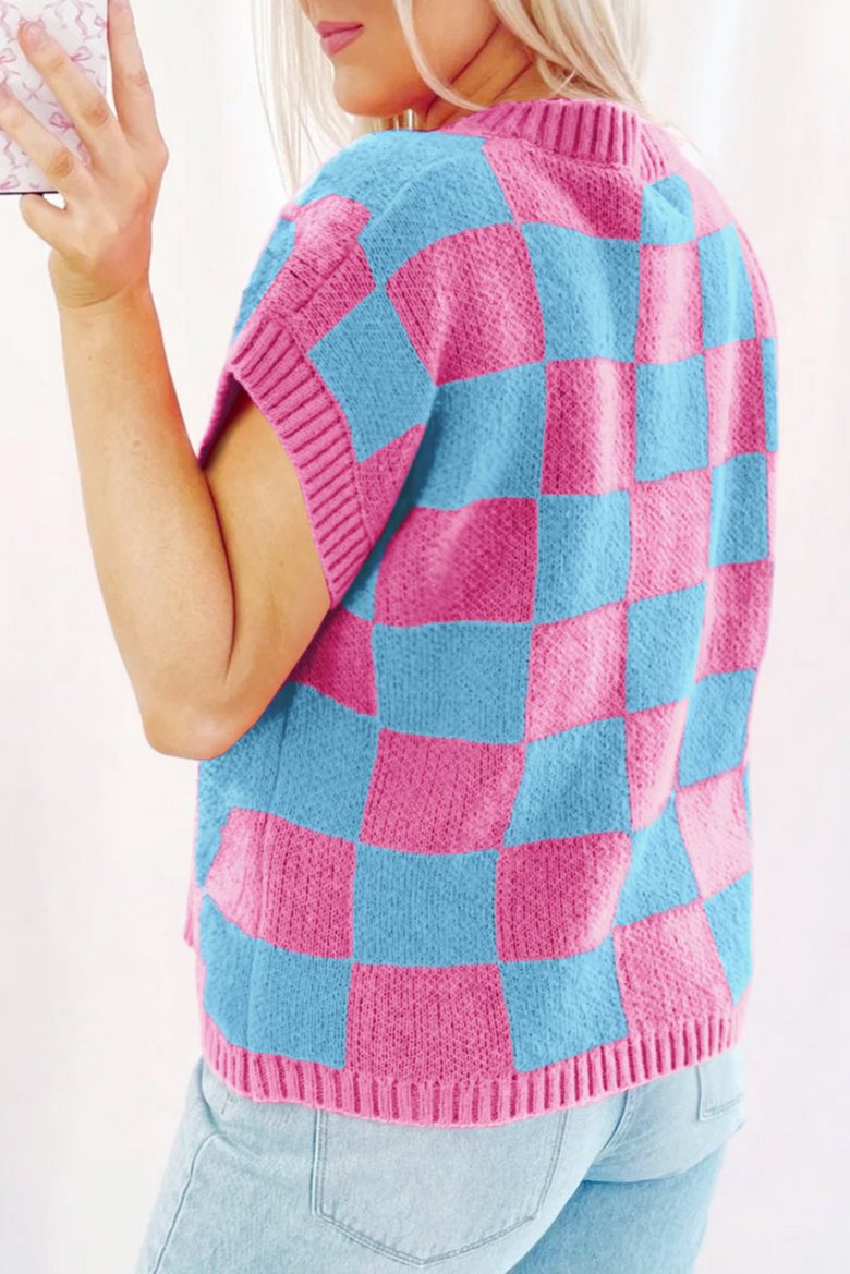 Colorblock Checker Ribbed Trim Top