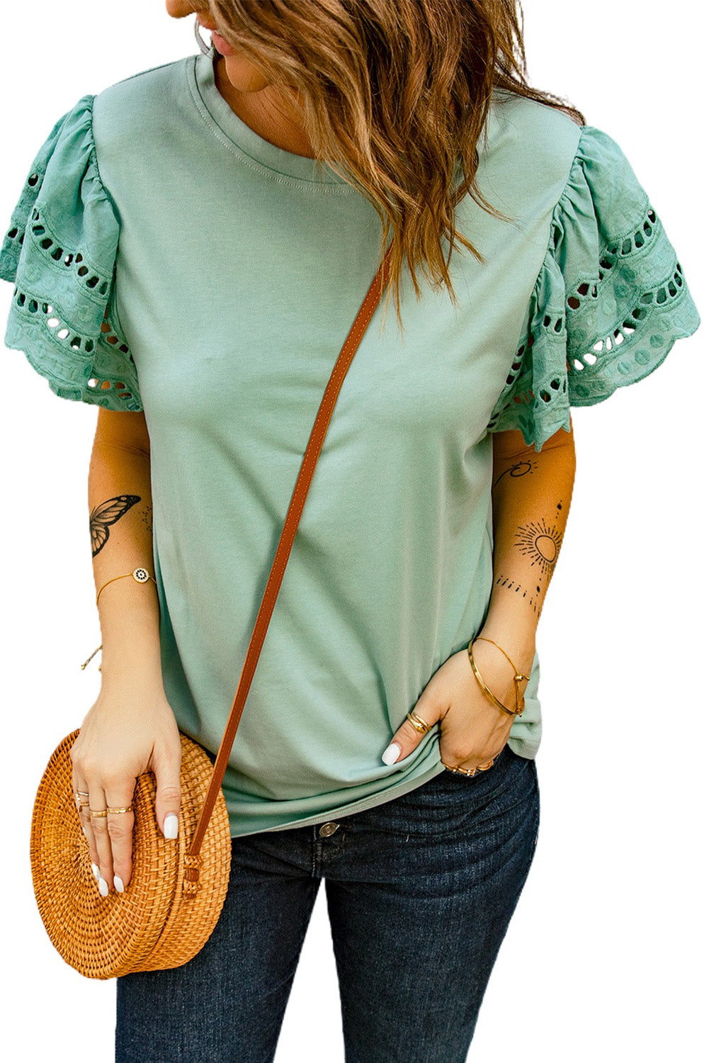 Eyelet Ruffle Short Sleeve T-Shirt