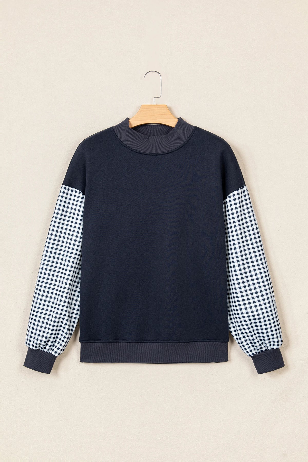 Gingham Colorblock Mock Neck Long Sleeve Sweatshirt