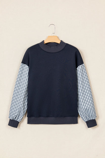Gingham Colorblock Mock Neck Long Sleeve Sweatshirt