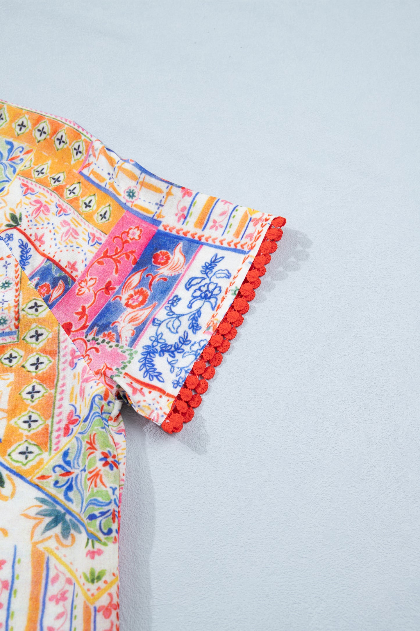 Boho Patchwork Tied V-Neck Short Sleeve Blouse