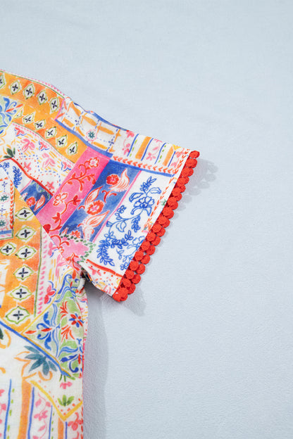 Boho Patchwork Tied V-Neck Short Sleeve Blouse