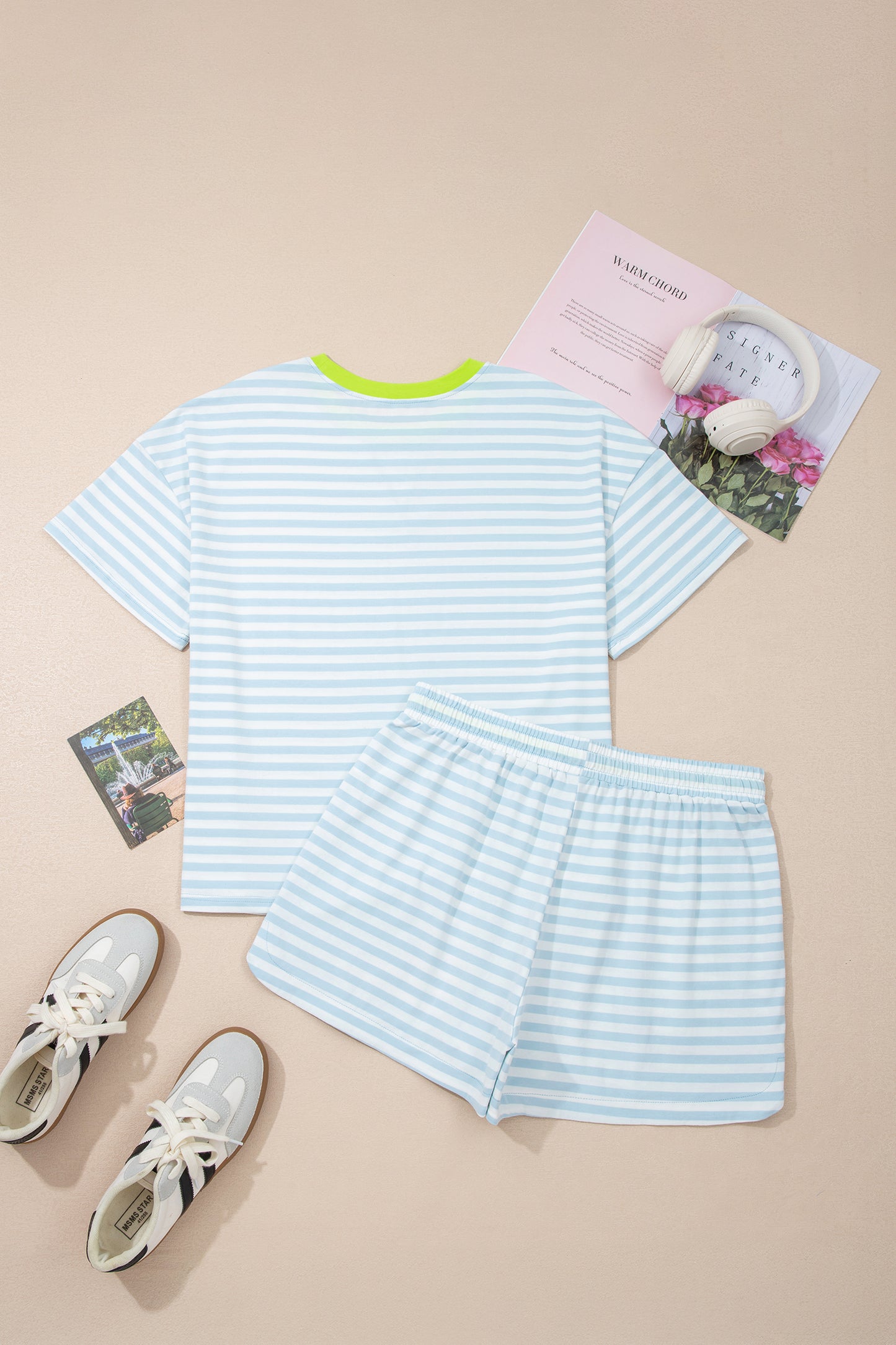 Stripe Contrast Trim Tee & Drawstring Shorts Set