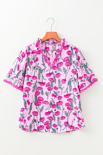 Floral Lace Detail Frilled V-Neck Short Sleeve Blouse
